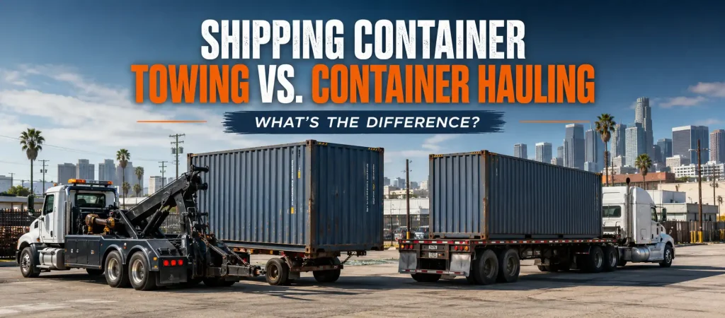 Shipping container towing vs container hauling comparison with tow truck and semi truck in Los Angeles industrial yard