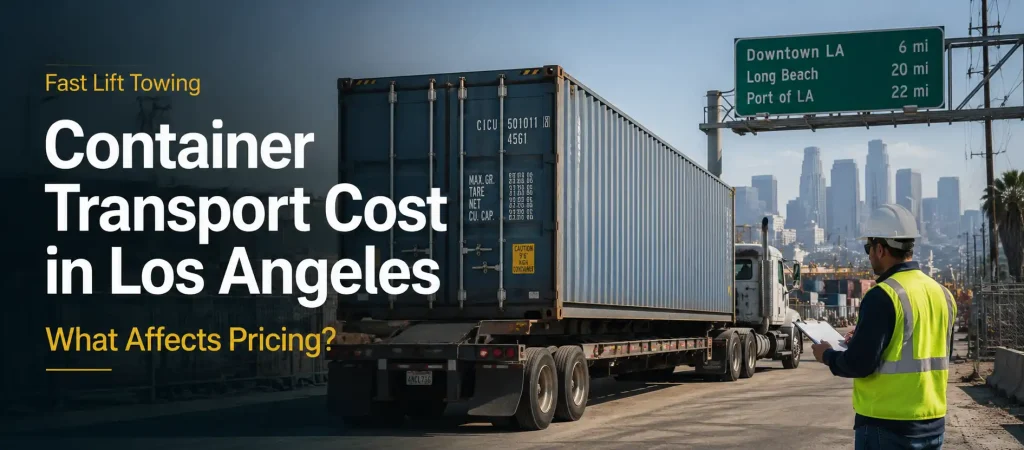 Container transport cost in Los Angeles with a heavy-duty truck hauling a shipping container near downtown LA