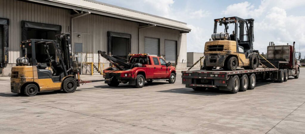 Forklift towing and forklift transport comparison at an industrial warehouse