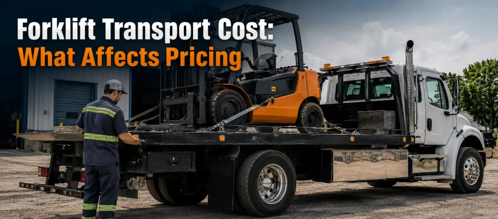 Forklift transport cost banner showing a forklift secured on a flatbed tow truck