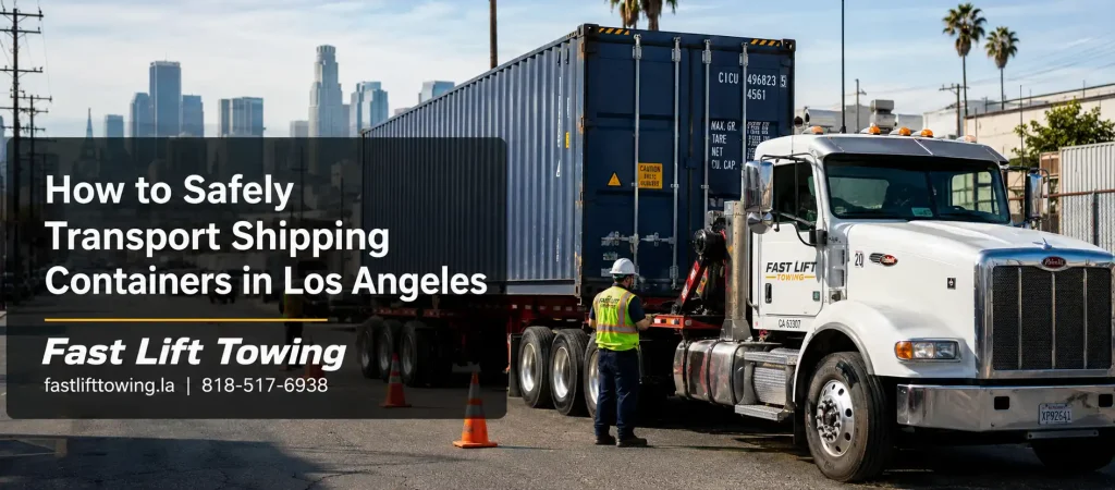 Shipping container transport in Los Angeles with Fast Lift Towing truck and safety cones