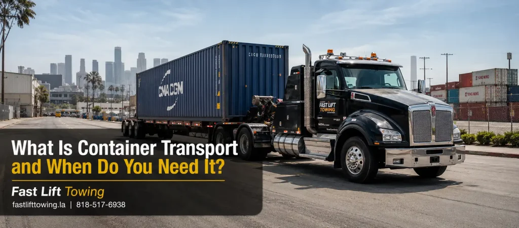 Fast Lift Towing truck transporting a shipping container in Los Angeles industrial area