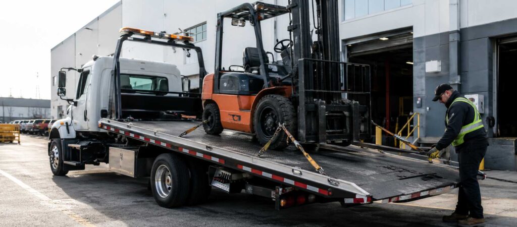 Forklift delivered on a flatbed truck outside a warehouse during a business equipment move